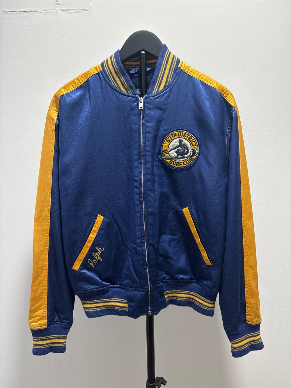 Men’s polo Ralph Lauren blue satin Bomber Jacket Surf Club Patch size small